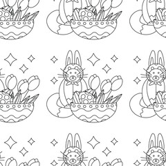 Easter pattern with a plate with eggs and a cat with rabbit ears, and flowers tulips.