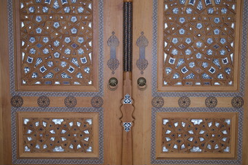 the element of the entrance door to the mosque in Istanbul inlaid with natural mother of pearl