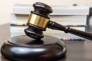 Judge's gavel on wooden table, background of legal books. Concept of legal legislation