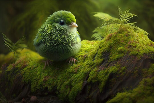 Green cute little, bird on a green moss photography, high resolution wallpaper