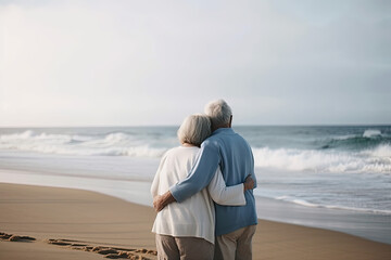 Rear view of a senior couple on the beach, Generative AI - obrazy, fototapety, plakaty