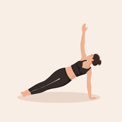 Woman training yoga asana Side Plank Pose, Sage Vasistha's Pose. Young girl practicing Vasisthasana on light background, vector illustration