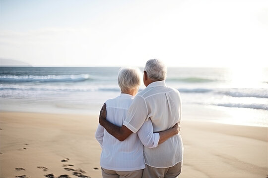 Rear view of a senior couple on the beach, Generative AI