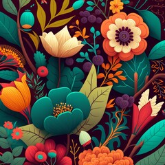 Burst of Nature: Colorful Hand-Drawn Botanical Pattern Illustration