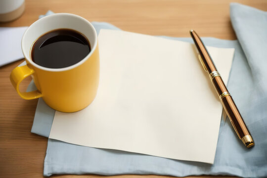 A mug with coffee on the table, a pen lies on a napkin for notes, mockup composition, Generative AI.