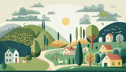 Nature village country city landscapes Creative illustration. (Ai Generate)