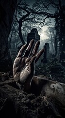 Fototapeta na wymiar Decay and Disgust Zombie Hand for Halloween Poster, Terror movie scene, GENERATIVE AI