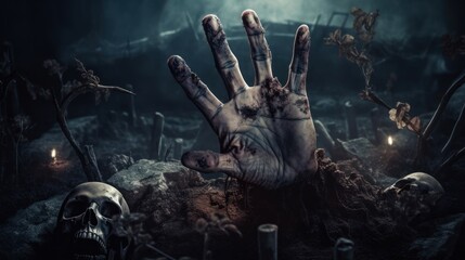Decay and Disgust Zombie Hand for Halloween Poster, Terror movie scene, GENERATIVE AI - obrazy, fototapety, plakaty