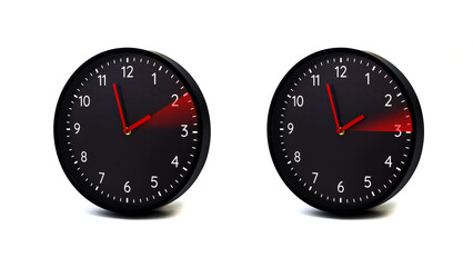 Clock switch to summer time and winter time. White background.