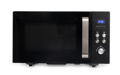 Modern black microwave oven isolated on white background.