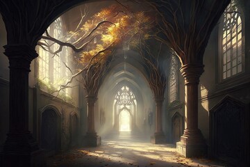 Obraz premium Graced by Divine Light Amidst Oaken Halls Generative AI