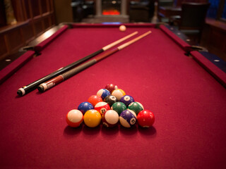 Pool Table, Racked, cue ball, intimate setting