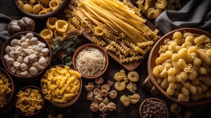 Various uncooked pasta on black background. Generative AI