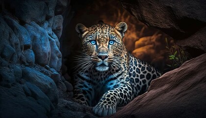 Portrait of a leopard lying among the rocks