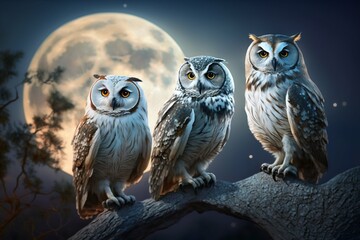 Three owls on the background of the big moon