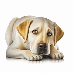 Portrait of a labrador lying on the floor in front of a white background