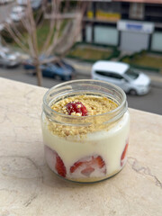 Strawberry magnolia dessert. Magnolia dessert on dark background. World cuisine delicacies. close up