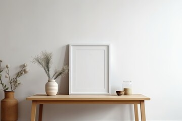 White picture frame mockup in portrait orientation on a hardwood table. contemporary ceramic vase white wall as a backdrop Scandinavian style decor. Generative AI