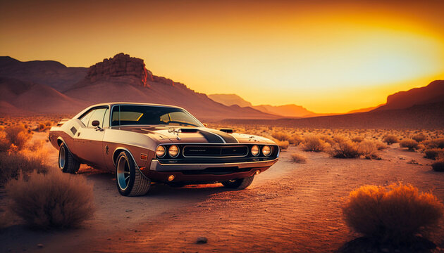 dodge challenger 1970 muscle car in the desert, generative AI
