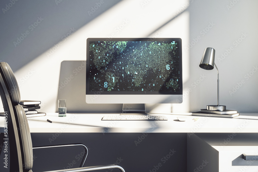 Poster abstract creative coding illustration with world map on modern computer monitor, international softw