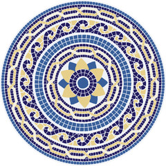 Mosaic circular ornament in blue and yellow colors. For ceramics, tiles, ornaments, backgrounds and other projects.