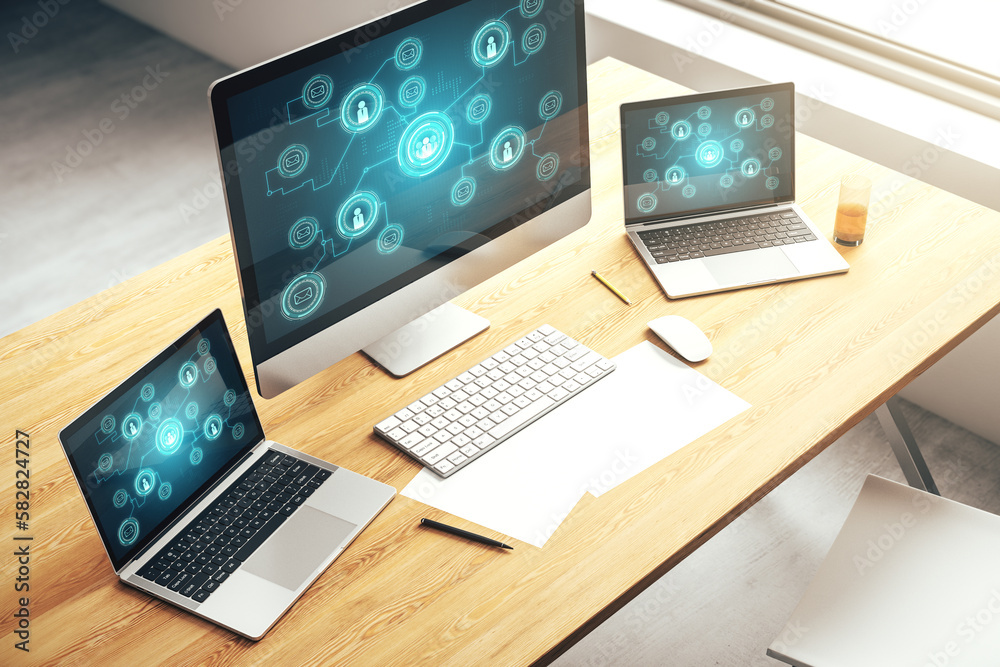 Poster Modern computer screen with social network media concept. 3D Rendering