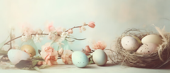 Obraz na płótnie Canvas Beautiful Easter decoration background with Easter eggs - generative AI Easter background illustration