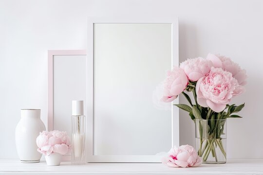 Mockup with a white background, a pink vase of peonies, and a white frame. Generative AI