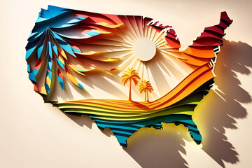 3D Paper Cutout Map of the United States with Shadows. Generative AI - obrazy, fototapety, plakaty