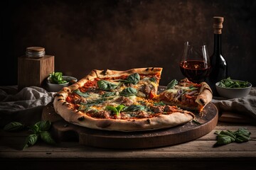 Fototapeta na wymiar Italian food, delicious homemade pizza with mozzarella and cherry tomatoes ready to eat.