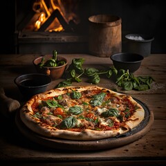 Obraz na płótnie Canvas Italian food, delicious homemade pizza with mozzarella and cherry tomatoes ready to eat.