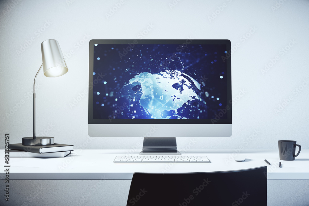 Leinwandbilder modern computer display with abstract programming language hologram and world map, artificial intell