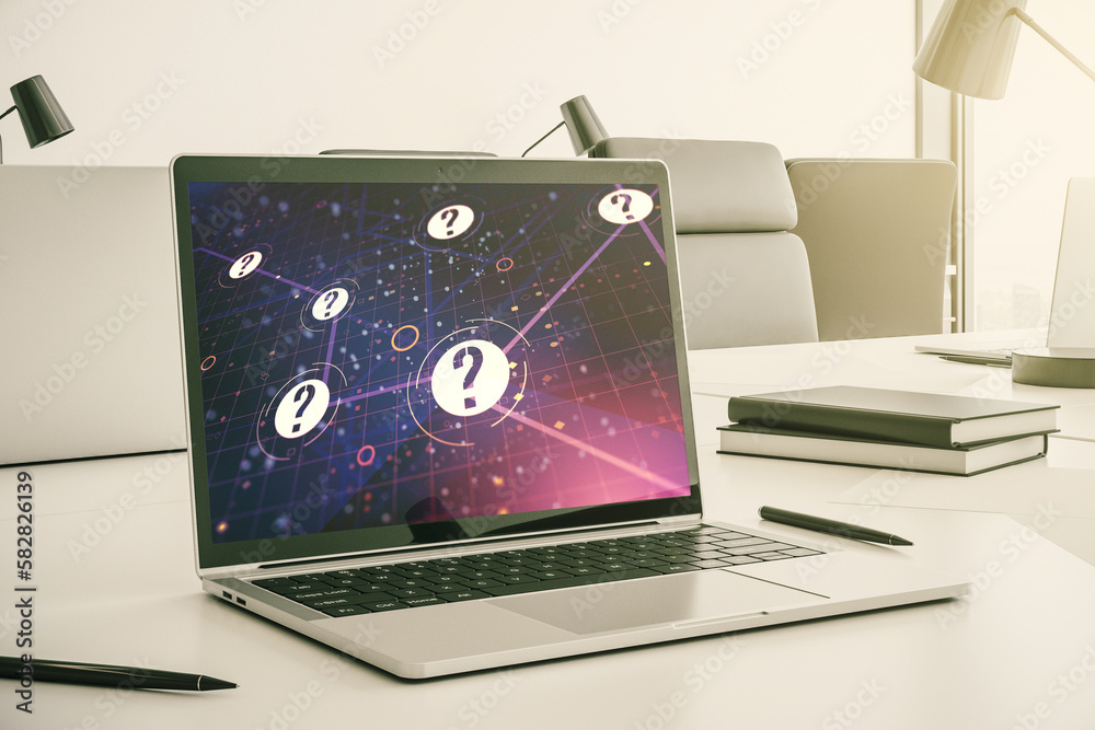Aufkleber modern computer monitor with question mark hologram. sociology and psychology concept. 3d rendering