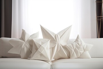 Fototapeta na wymiar Five soft white pillows in the shapes of stars or flowers are arranged on a white table, desk, or shelf that is above a modern living room with beige tones and an open floor plan. Generative AI