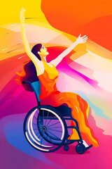 Illustration of a disabled woman in a wheelchair, cheaper with her arms outstretched up. Generative ai