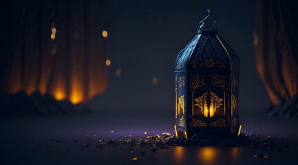 Candle lantern at night for Islamic holiday. The holy month for muslim is ramadan. Ramadan month. Celebration visual for Eid-al-Adha and Ramadan holidays. (ai generated)