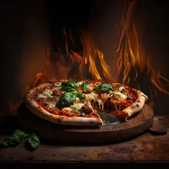 Foto op Plexiglas Italian food, delicious homemade pizza with mozzarella and cherry tomatoes ready to eat. © PimPhoto
