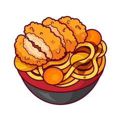 Japanese noodles ramen with fried chicken isolated illustration vector. Katsu ramen noodle soup icon design. Katsu curry noodles cartoon vector