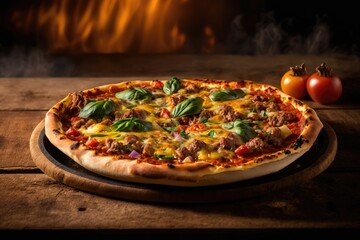 Obraz na płótnie Canvas Italian food, delicious homemade pizza with mozzarella and cherry tomatoes ready to eat.