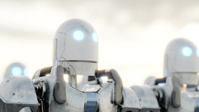 3d animation loop of Similar robots jumping under sundown sky