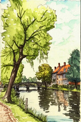 Painting of a classic panorama of the Dutch landscape, with river, in a watercolor style
