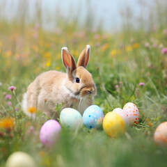 Easter Bunny On Green Grass With Eggs In Beautiful Nature