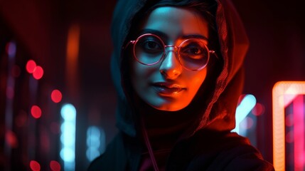 Smiling Muslim Woman in Hijab in Neon Cyberpunk Setting. Generative AI.