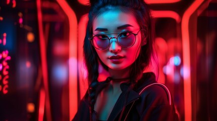 Smiling Asian Woman with Black Hair in Neon Cyberpunk Setting. Generative AI.