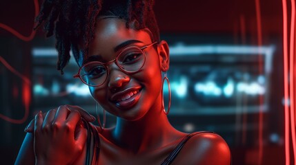 Smiling Black Woman with Black Hair in Neon Cyberpunk Setting. Generative AI.
