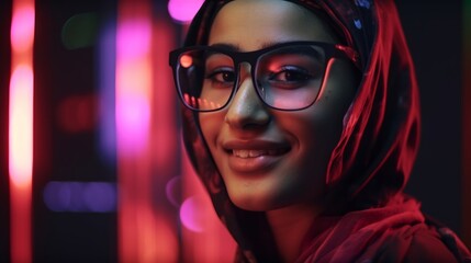 Fototapeta na wymiar Smiling Muslim Woman in Hijab in Neon Cyberpunk Setting. Generative AI.