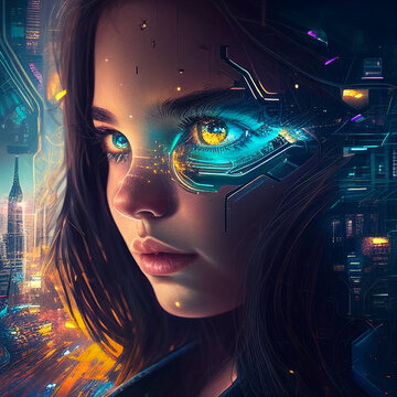 Illustration of a cyborg woman with a high technology eye