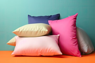 Various fashionable pillows with text space on a background of color. Generative AI
