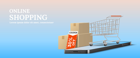 Shopping cart on smartphone with parcel packaging boxes and coupon. Online shopping concept 3d vector.