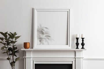 Mantelpiece with a blank photo frame next to a white wall. Generative AI